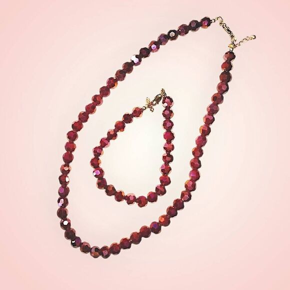 Hand Crafted Ruby‎ Faceted Crystal Cut Glass Beads Necklace Bracelet Gold Clasp - Picture 4 of 5